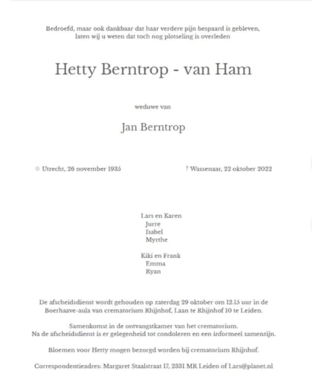overlijdenskaart Hetty Berntrop